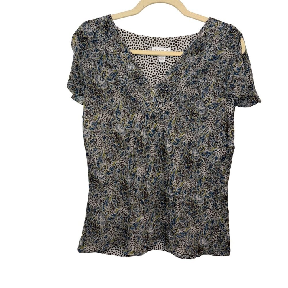 Charter Club Womens Paisley & Polka Dot Short Sleeve V-Neck Top Size 14